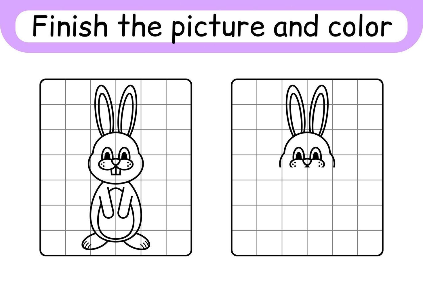 Complete the picture rabbit. Copy the picture and color. Finish the image. Coloring book. Educational drawing exercise game for children vector