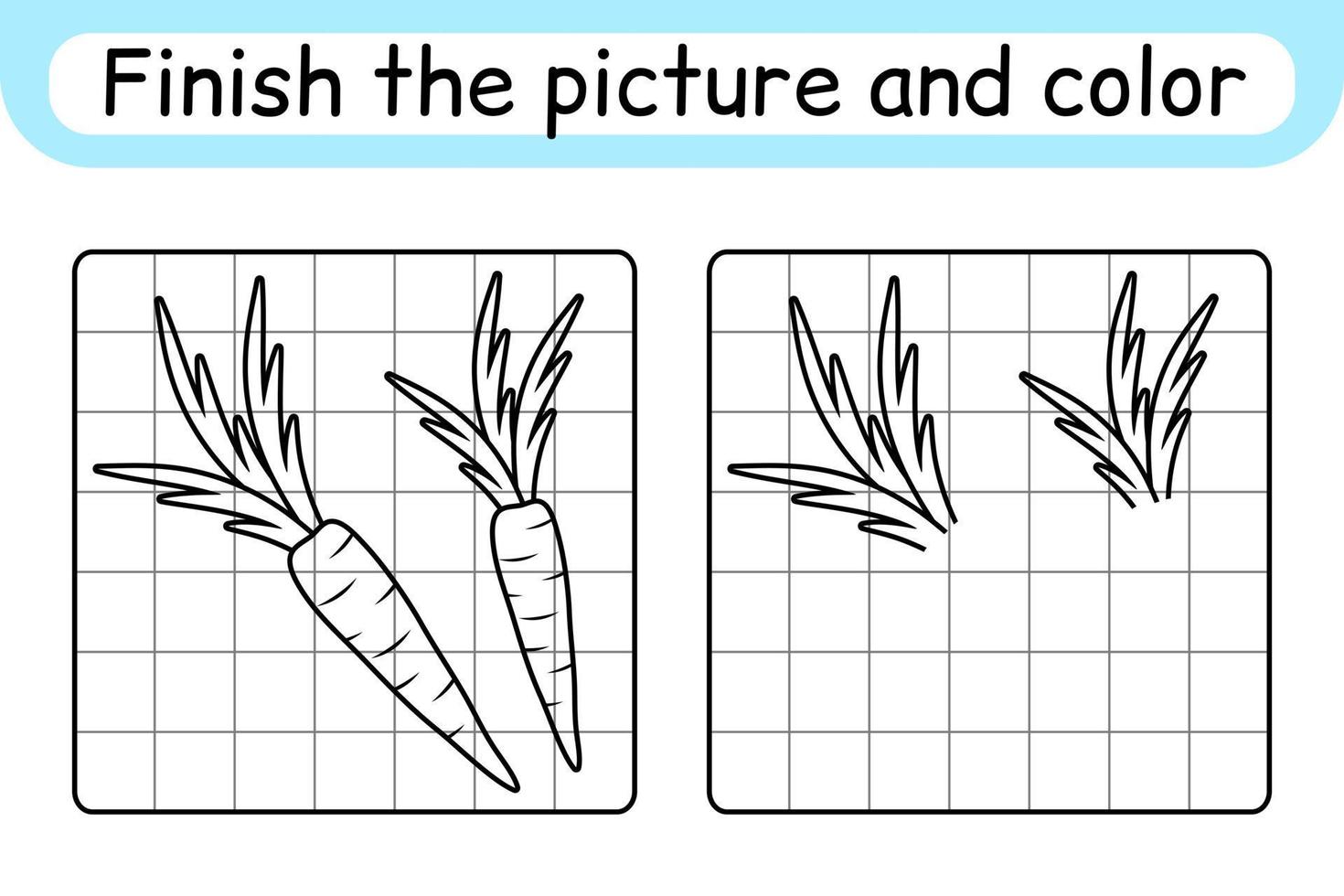 Complete the picture carrot. Copy the picture and color. Finish the image. Coloring book. Educational drawing exercise game for children vector