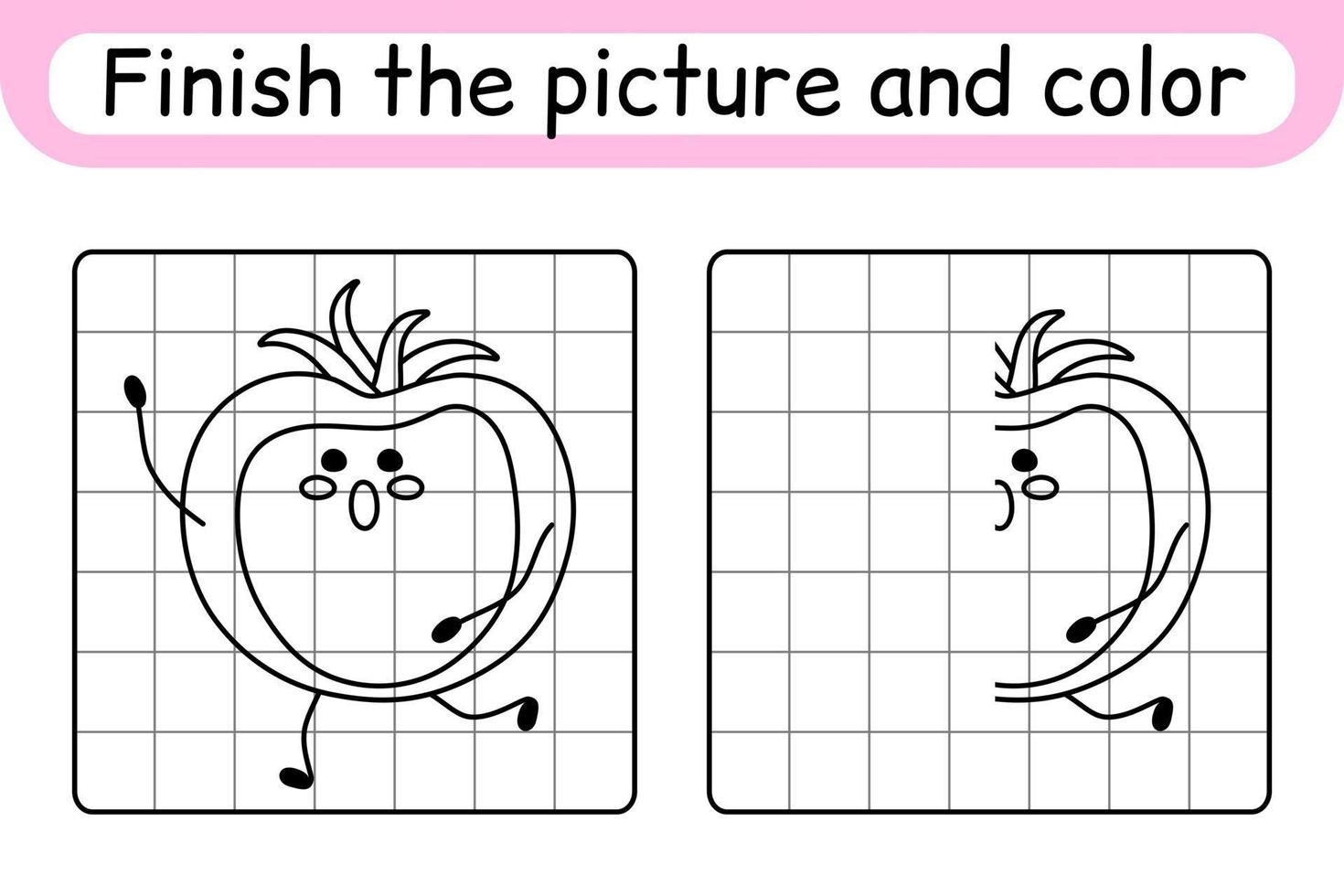 Complete the picture tomato. Copy the picture and color. Finish the image. Coloring book. Educational drawing exercise game for children vector