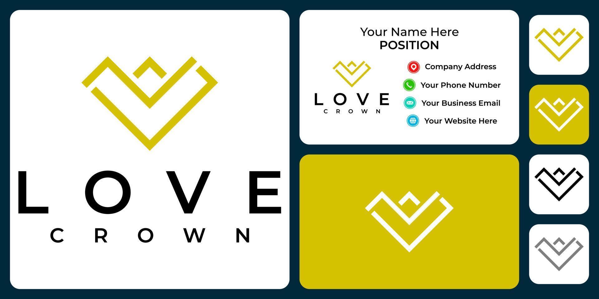 diseño de logotipo de amor y corona con plantilla de tarjeta de visita. vector