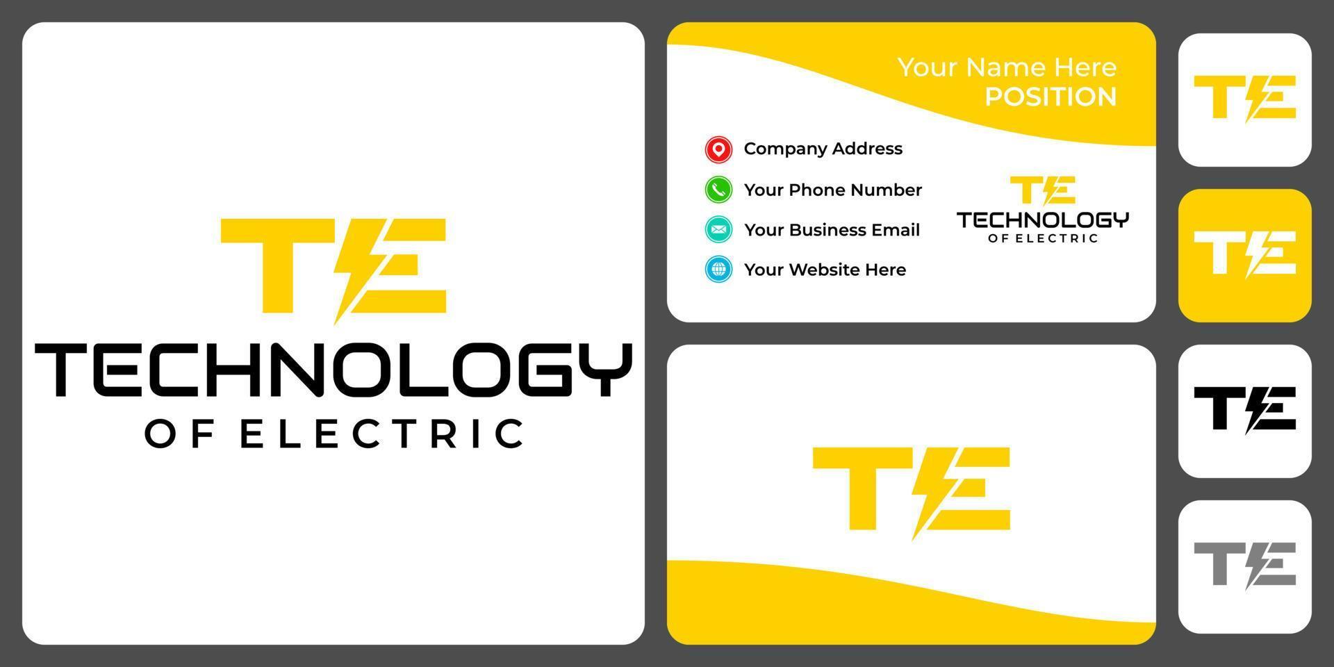 diseño de logotipo eléctrico con monograma de letra te con plantilla de tarjeta de visita. vector