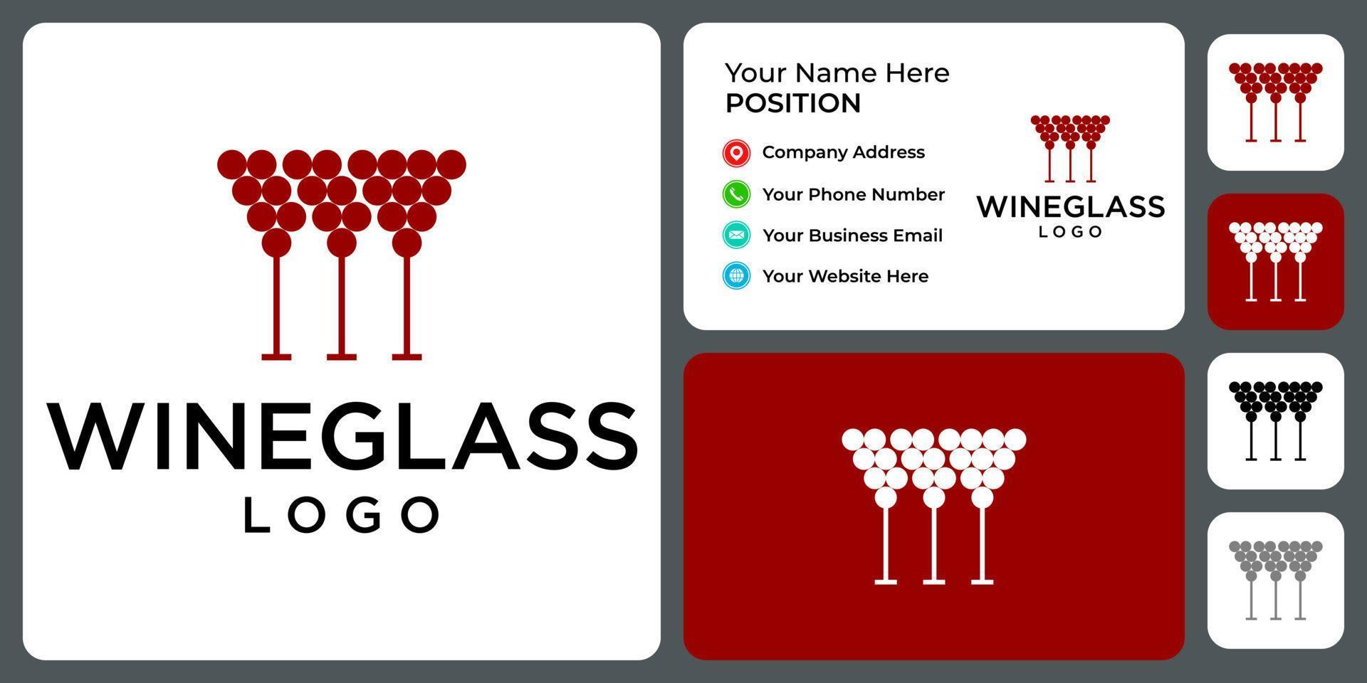 tres copas de vino y diseño de logotipo de vino con plantilla de tarjeta de visita. vector