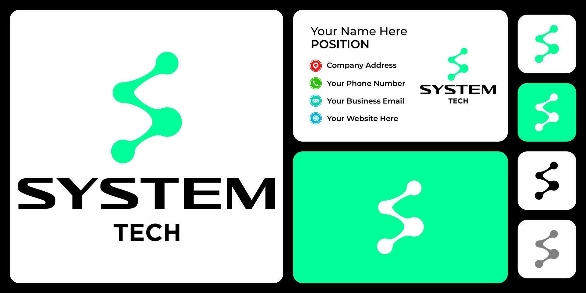 Letter S monogram tech logo design with business card template. vector