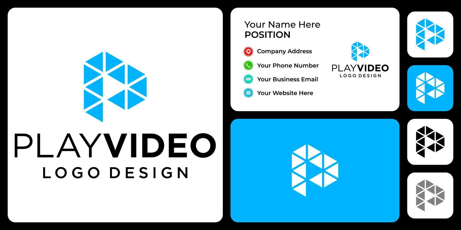 Letter P monogram video logo design with business card template. vector