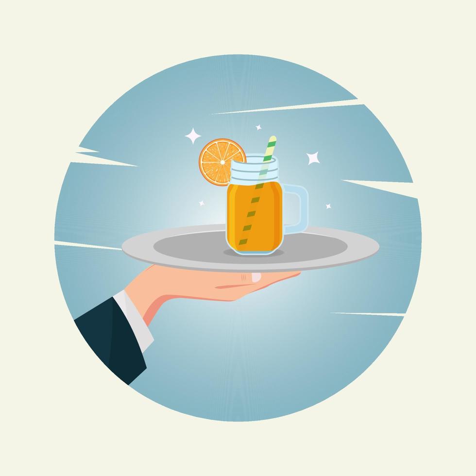 Orange juice in jar on tray in hand vector illustration