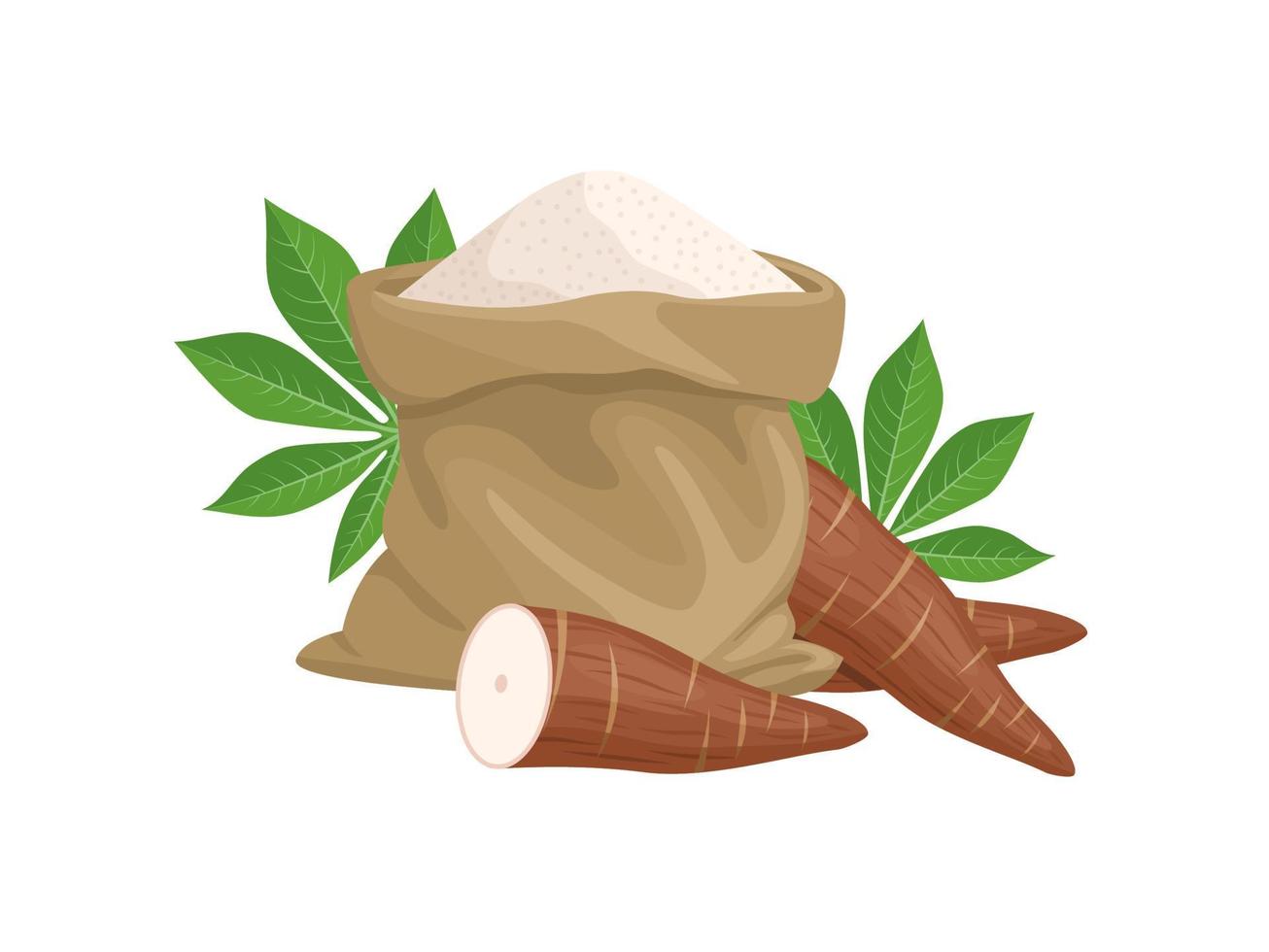 Vector illustration, cassava flour in a burlap sack, with cassava and leaves, isolated on a white background.