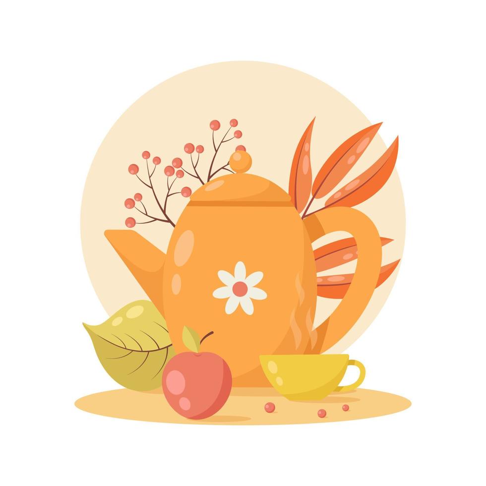 vector illustration of teapot with autumn leaves
