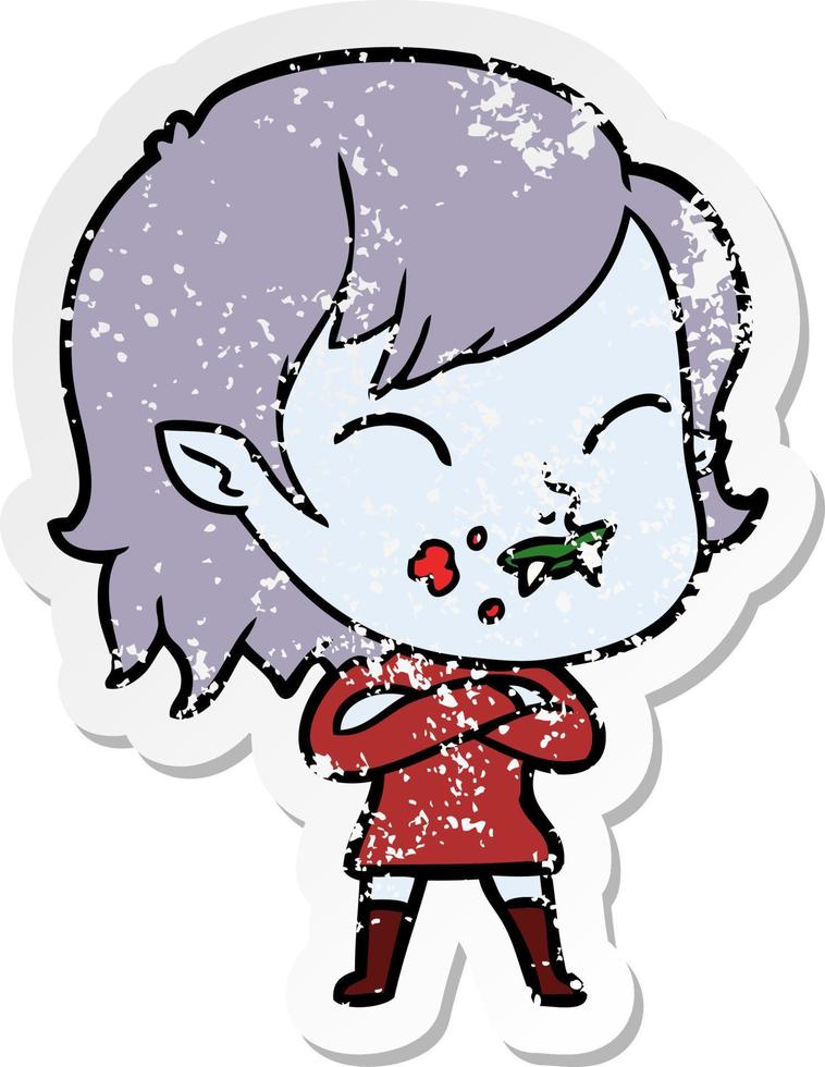 distressed sticker of a cartoon vampire girl with blood on cheek vector