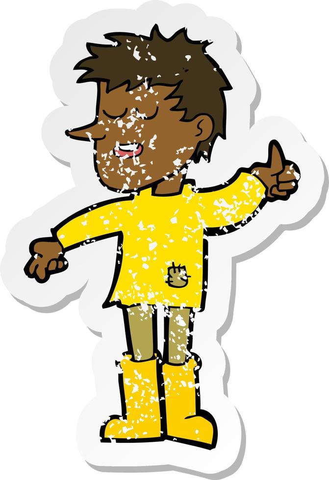 retro distressed sticker of a cartoon poor boy with positive attitude vector