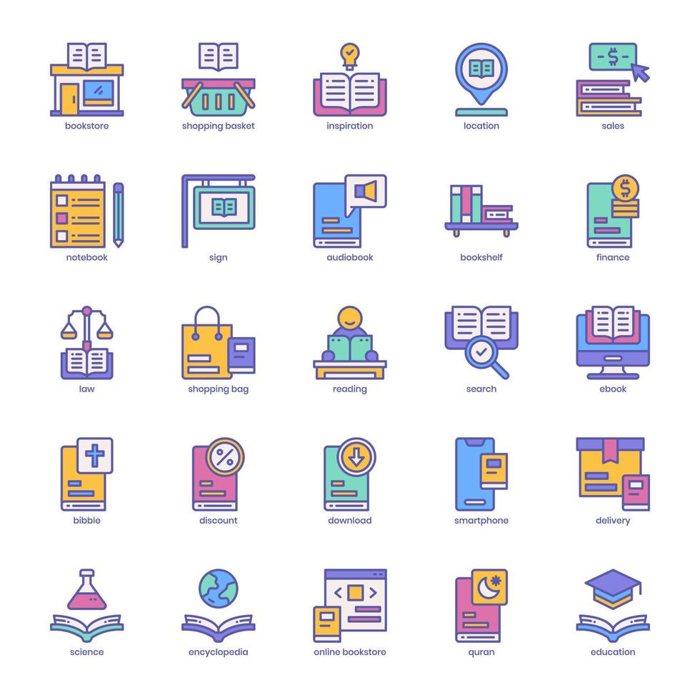 paquete de iconos de librería para el diseño de su sitio web, logotipo, aplicación, ui. icono de la tienda de libros lleno de diseño de color. ilustración de gráficos vectoriales y trazo editable. vector