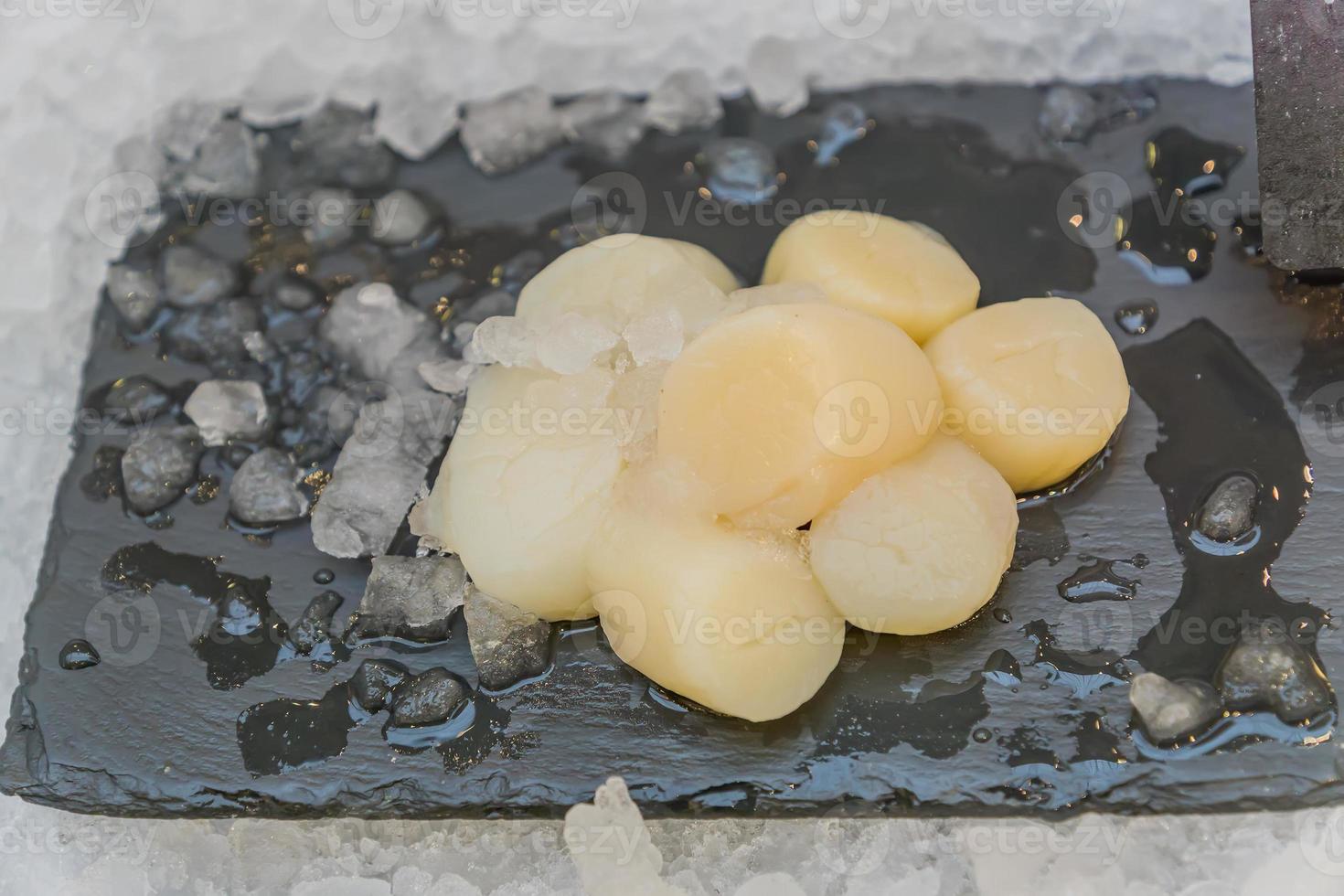 Fresh seafood - scallops - displayed on ice grocery store. Selective focus. photo