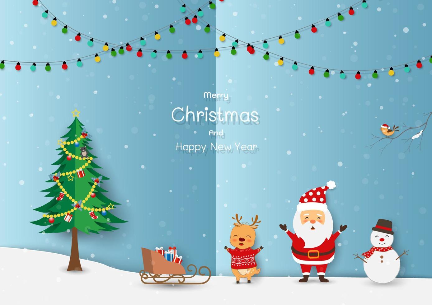 feliz navidad y feliz año nuevo tarjeta de felicitación con santa claus y amigos felices en el fondo de la noche de invierno vector