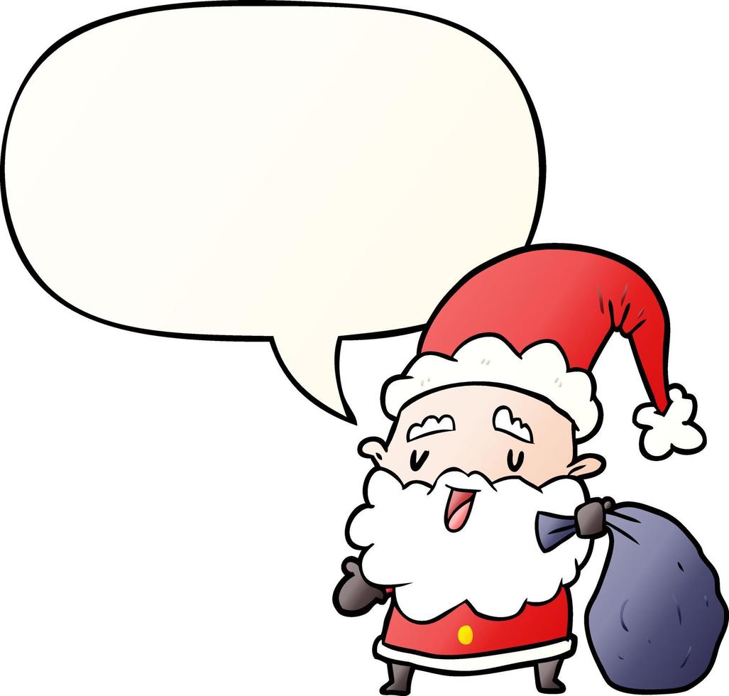 cartoon santa claus carrying sack of presents and speech bubble in smooth gradient style vector