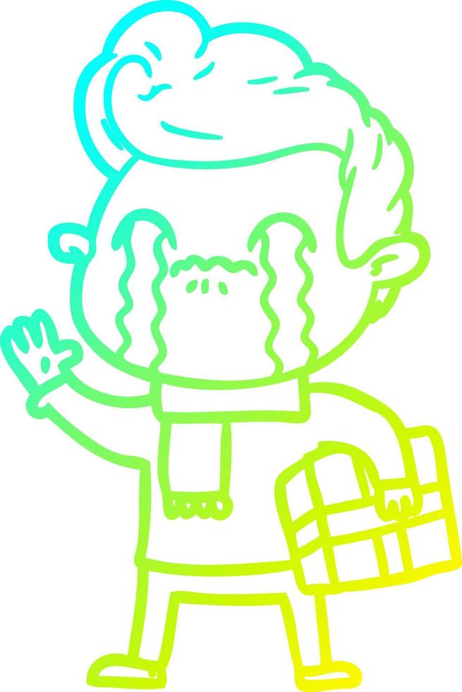 cold gradient line drawing cartoon man crying vector