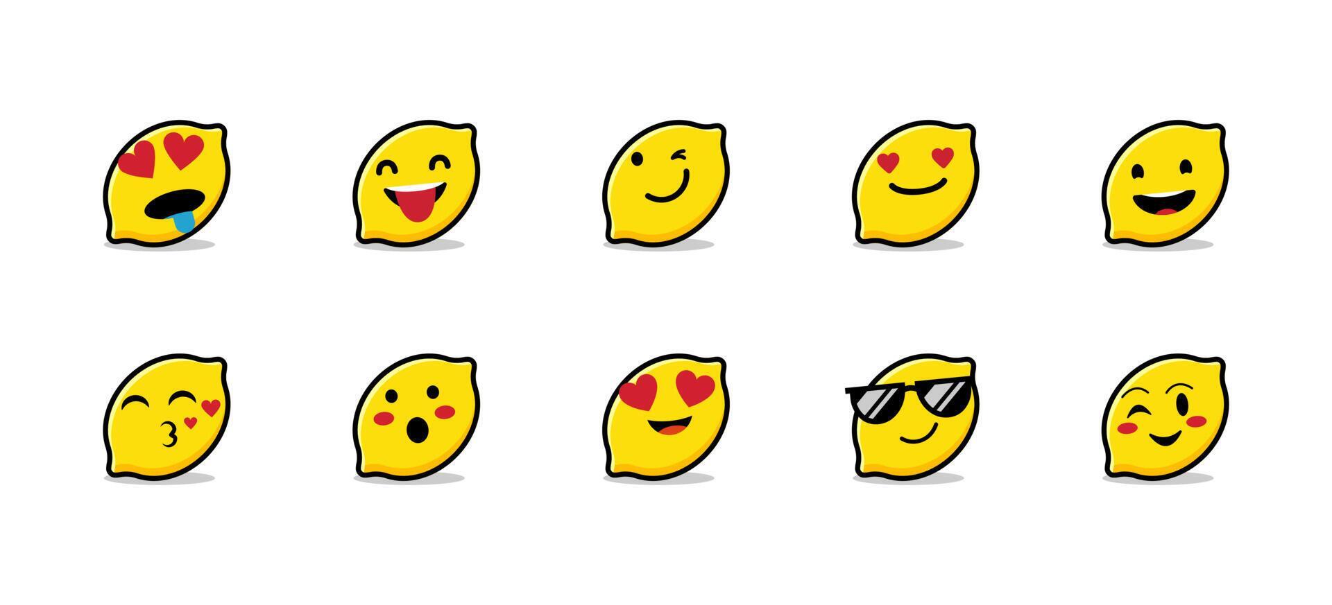 Set of cute lemon emojis. Vector illustration isolated on white