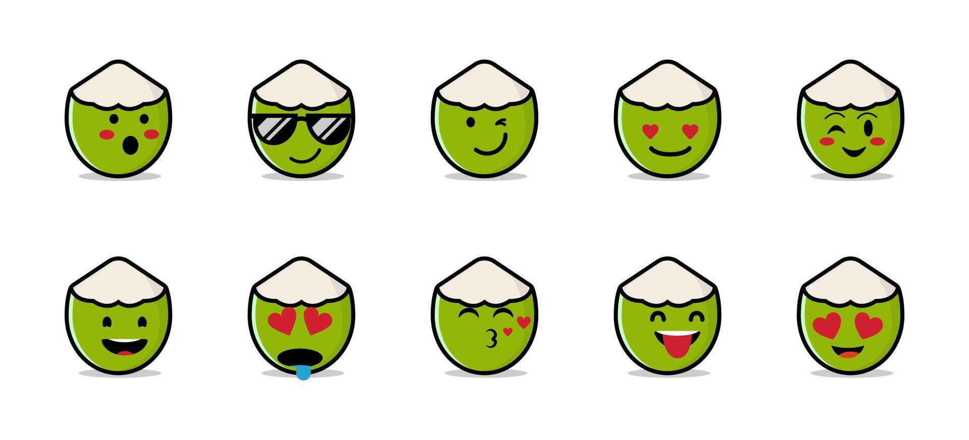 Set of cute coconut emojis. Vector illustration isolated on white