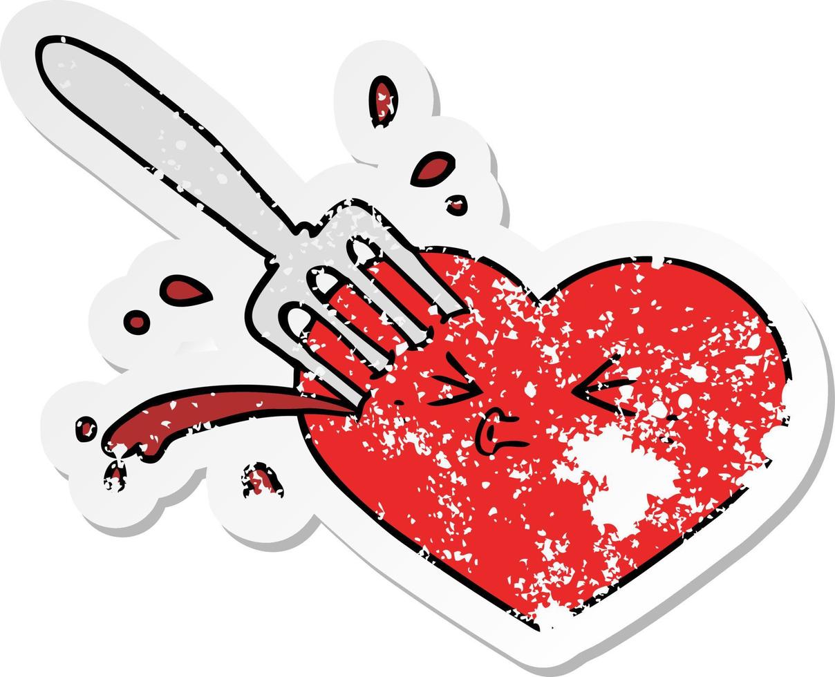 distressed sticker of a cartoon love heart stuck with fork vector