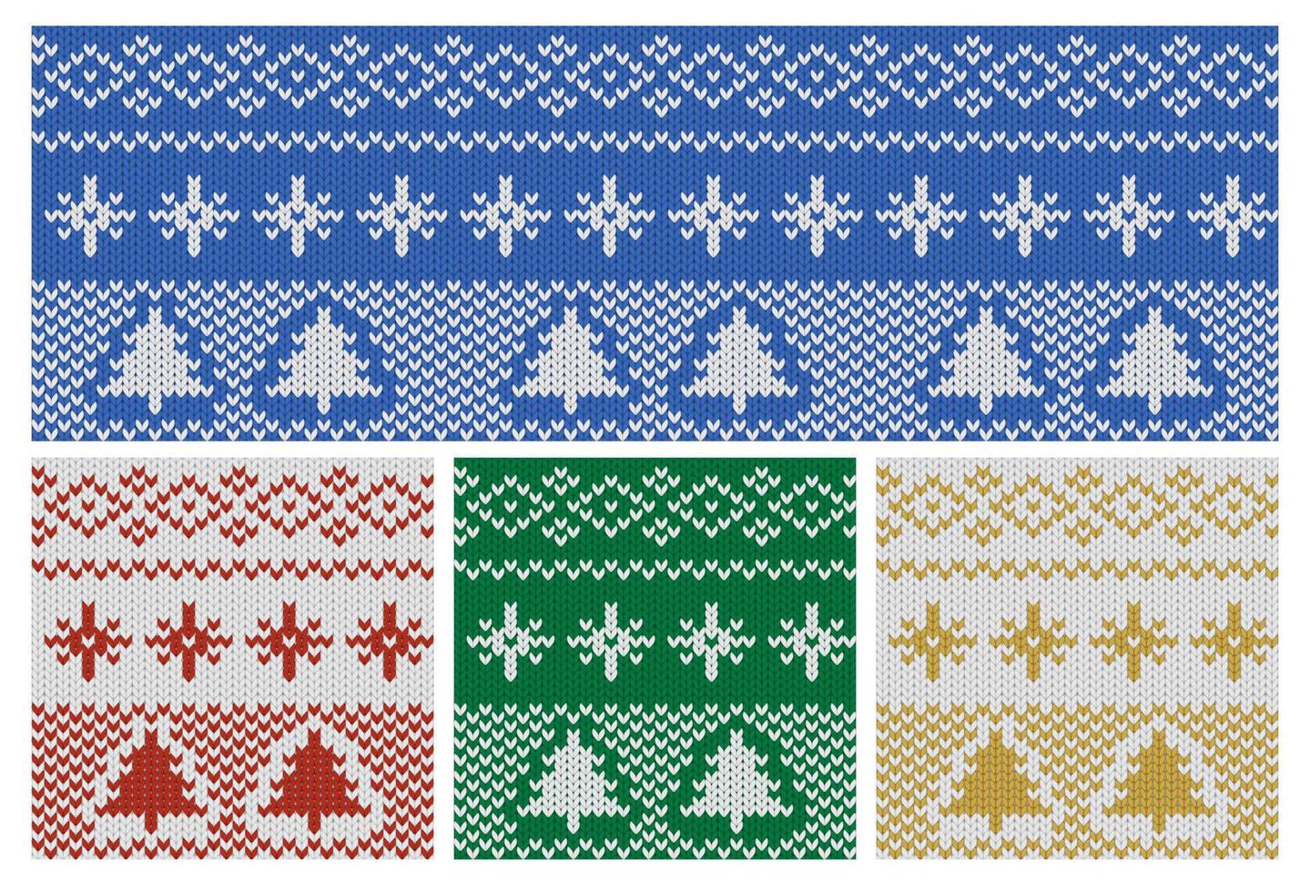 Blue seamless knit background with Christmas ornament. Norwegian greeting card background or poster to print. Winter holiday background with tree and snowflakes vector