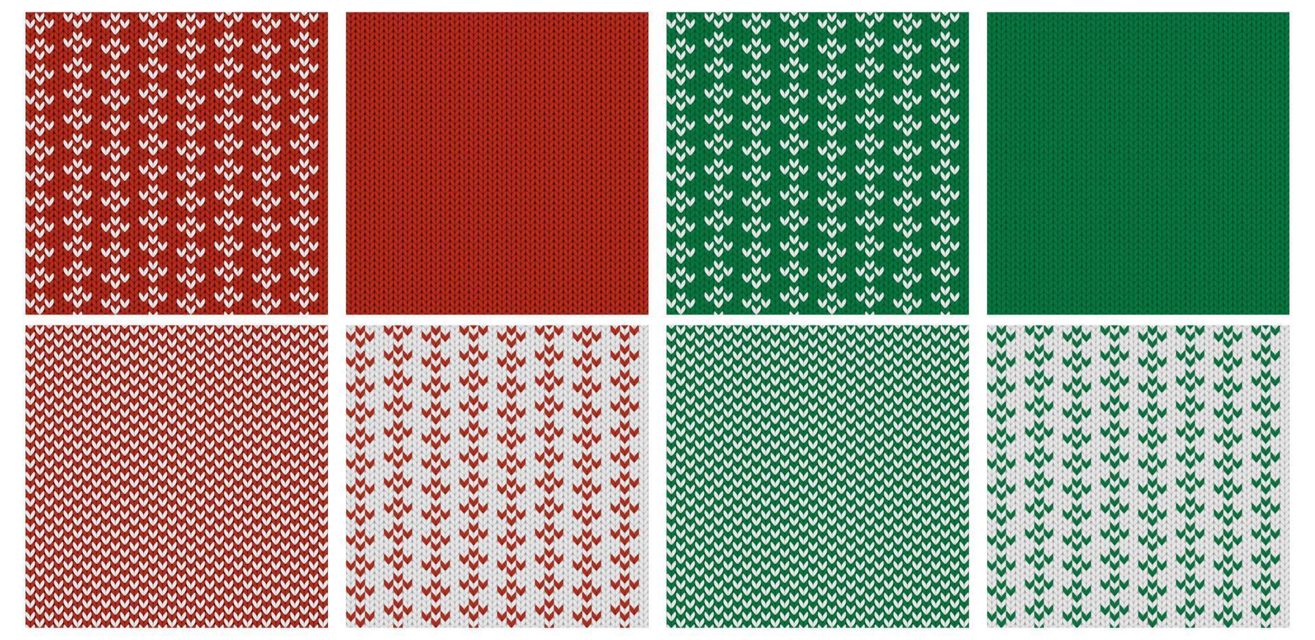 Red and green set of knitted Christmas patterns. Classic holiday background for banners, cards and posters. Fairisle or norwegian needlework in vector