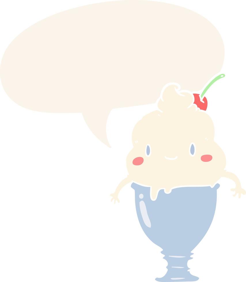 cute cartoon ice cream and speech bubble in retro style vector