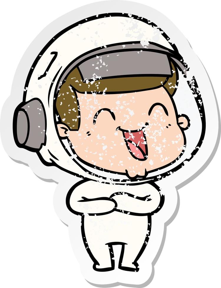 distressed sticker of a happy cartoon astronaut vector