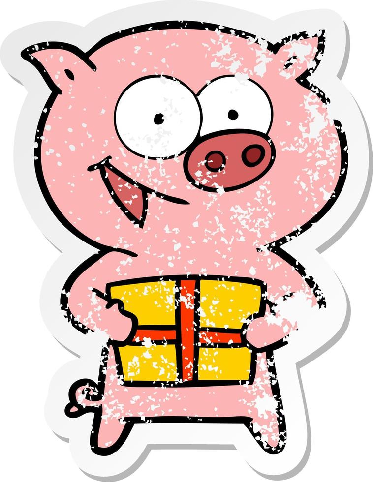 distressed sticker of a cheerful pig with christmas gift vector