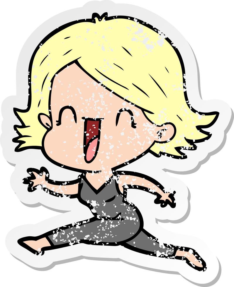 distressed sticker of a cartoon happy woman vector