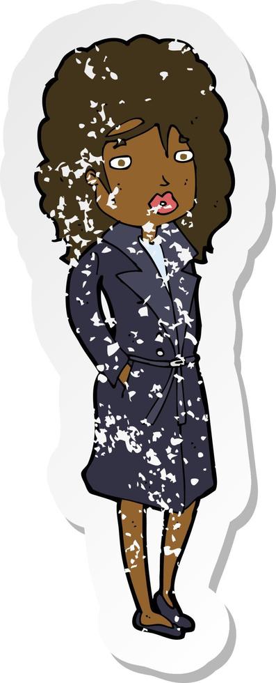 retro distressed sticker of a cartoon woman in trench coat vector