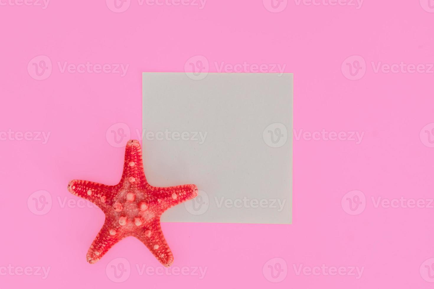 Red starfish on light pink background with copy space. summer holiday and vacation concept photo