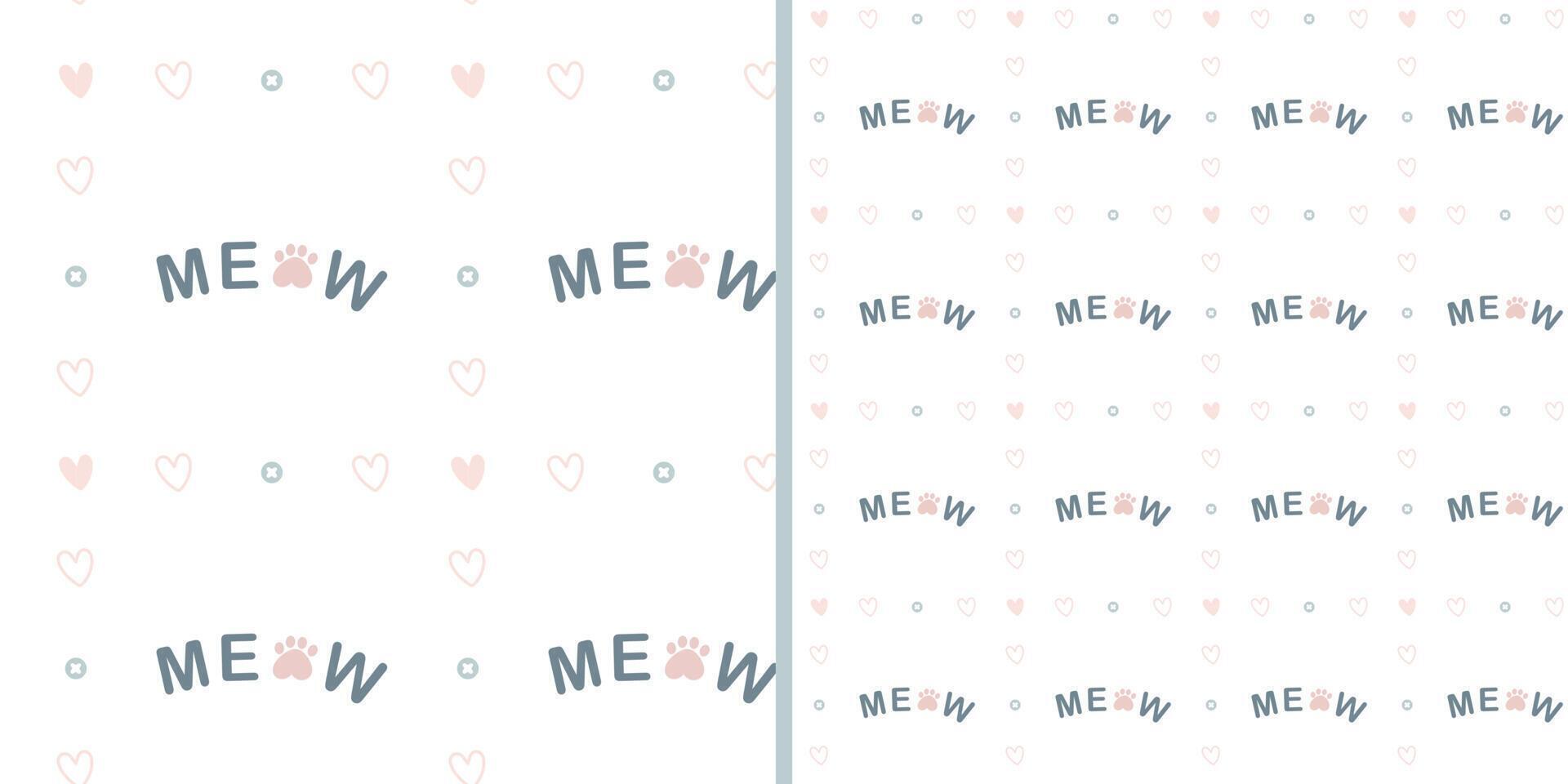 Cat footprint with meow in heart seamless pattern vector