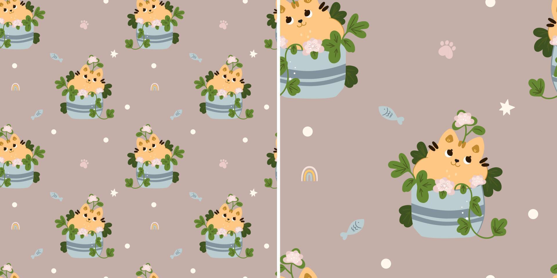 Seamless pattern with cute cats in flowers on a brown background. Children's texture in scandinavian style for fabric, textile, clothing, nursery decoration. Vector illustration