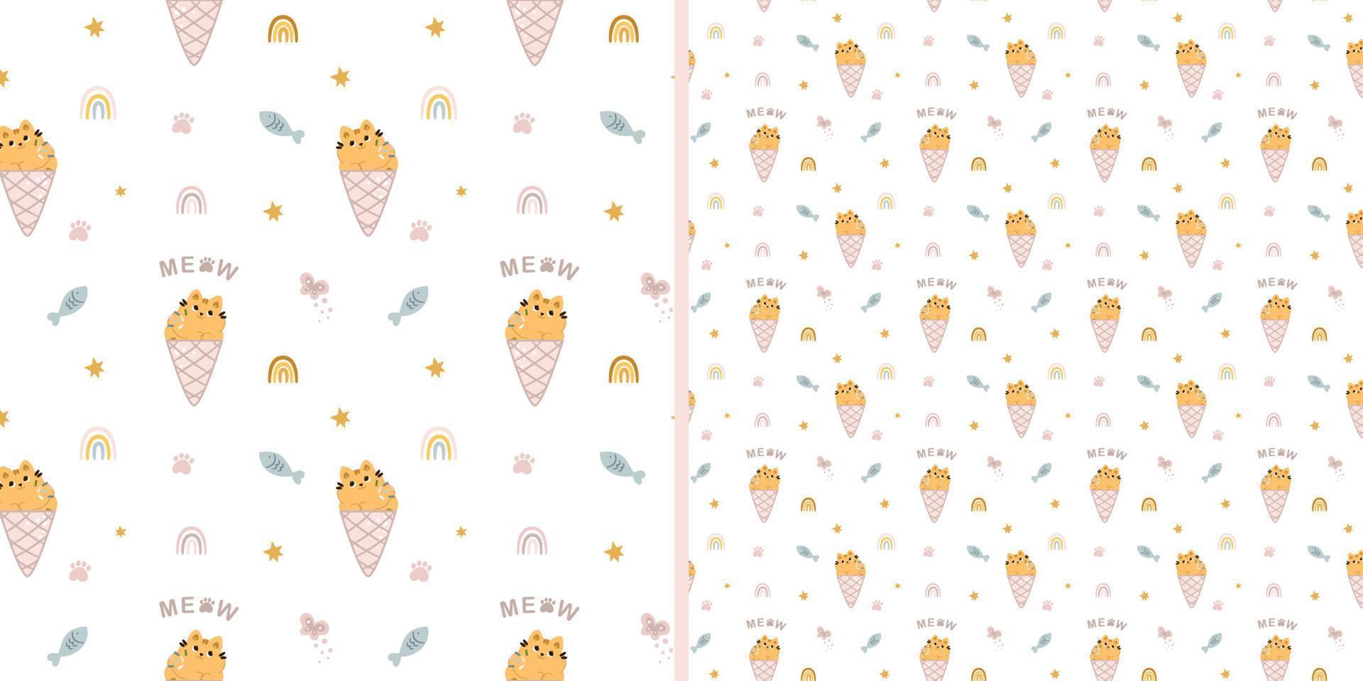 Seamless pattern with cute cats in flowers and ice cream on a white background. Children's texture in scandinavian style for fabric, textile, clothing, nursery decoration. Vector illustration
