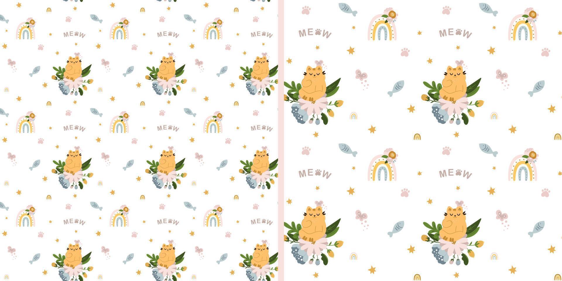 patrón impecable con lindos gatos en flores sobre un fondo blanco. textura infantil en estilo escandinavo para telas, textiles, prendas de vestir, decoración infantil. ilustración vectorial vector