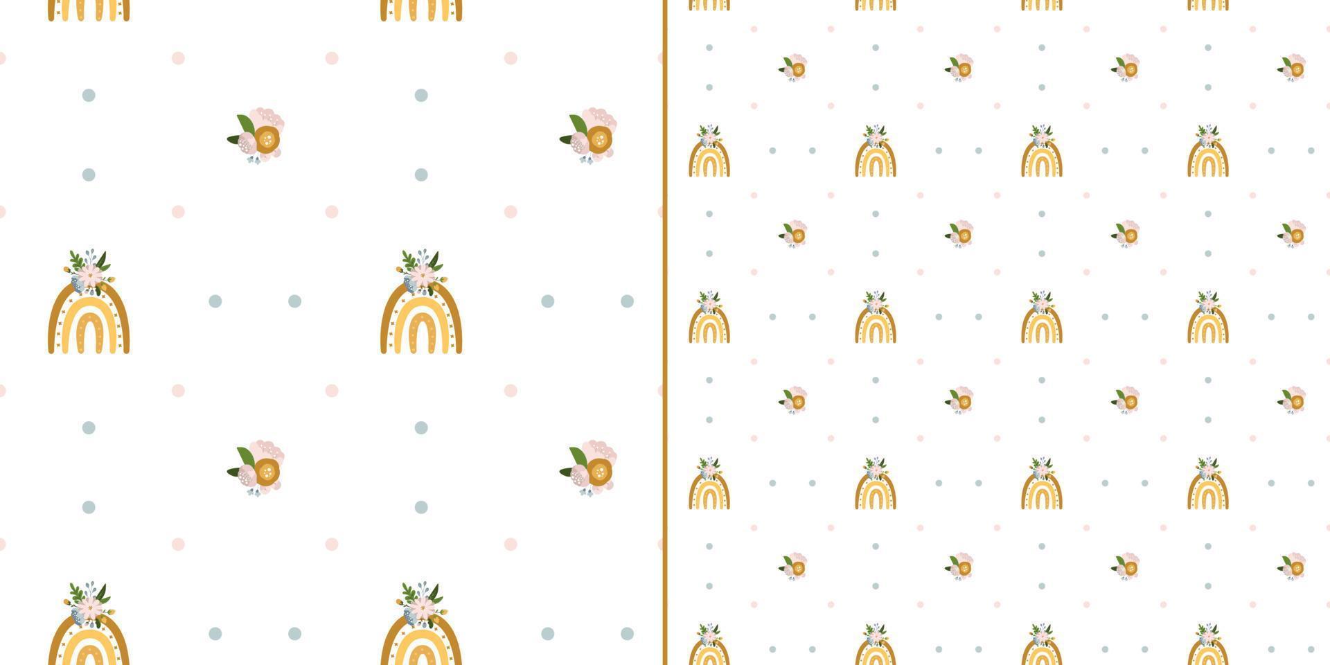 Hand drawn vector seamless backgrounds for kids, with cute rainbows. Children's texture in scandinavian style for fabric, textile, clothing, nursery decoration. Vector illustration