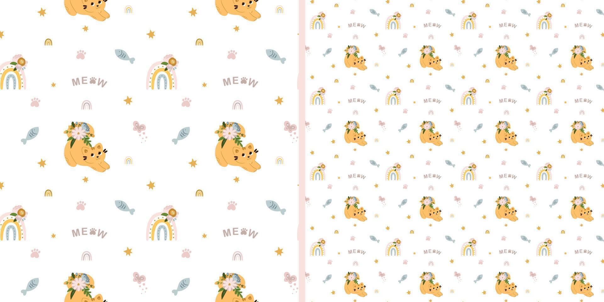 Seamless pattern with cute cats in flowers on a white background. Children's texture in scandinavian style for fabric, textile, clothing, nursery decoration. Vector illustration