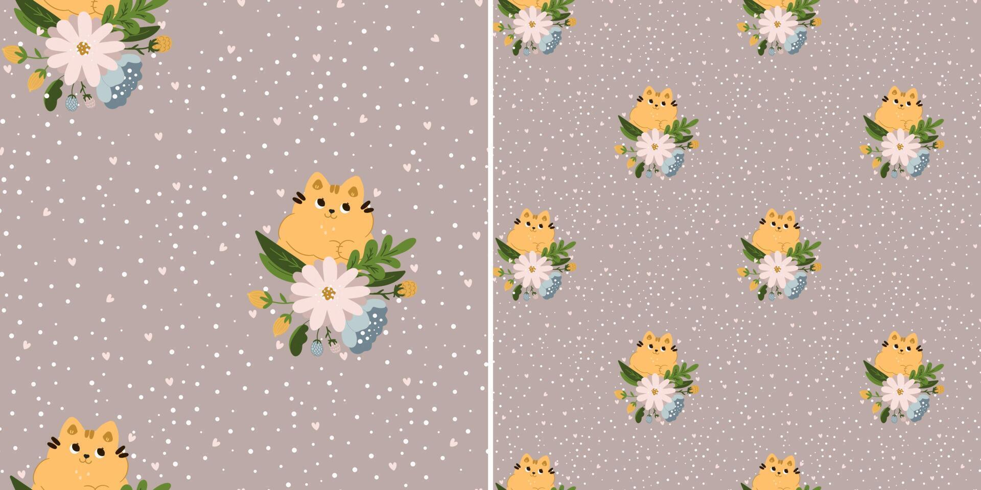 patrón impecable con lindos gatos en flores sobre un fondo marrón. textura infantil en estilo escandinavo para telas, textiles, prendas de vestir, decoración infantil. ilustración vectorial vector