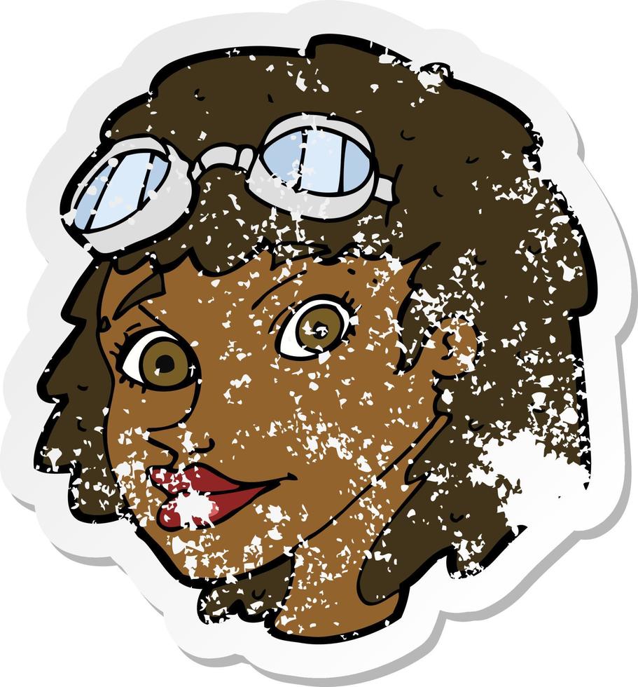 retro distressed sticker of a cartoon happy woman wearing aviator goggles vector