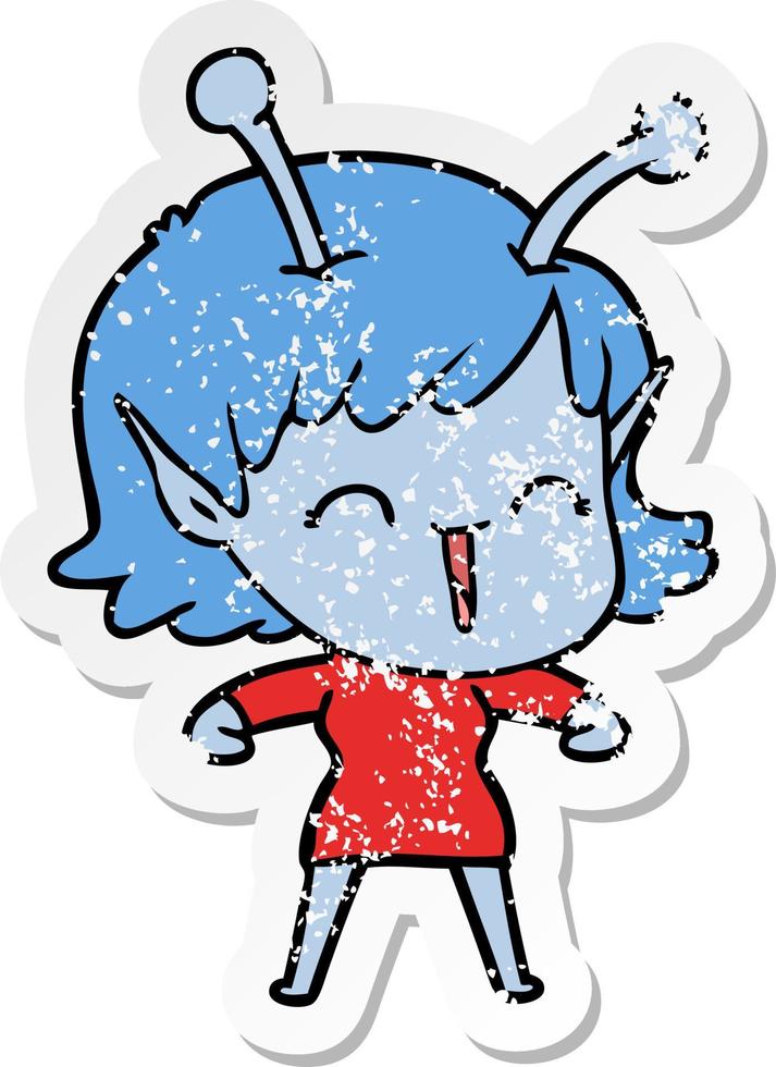 distressed sticker of a cartoon alien girl laughing vector