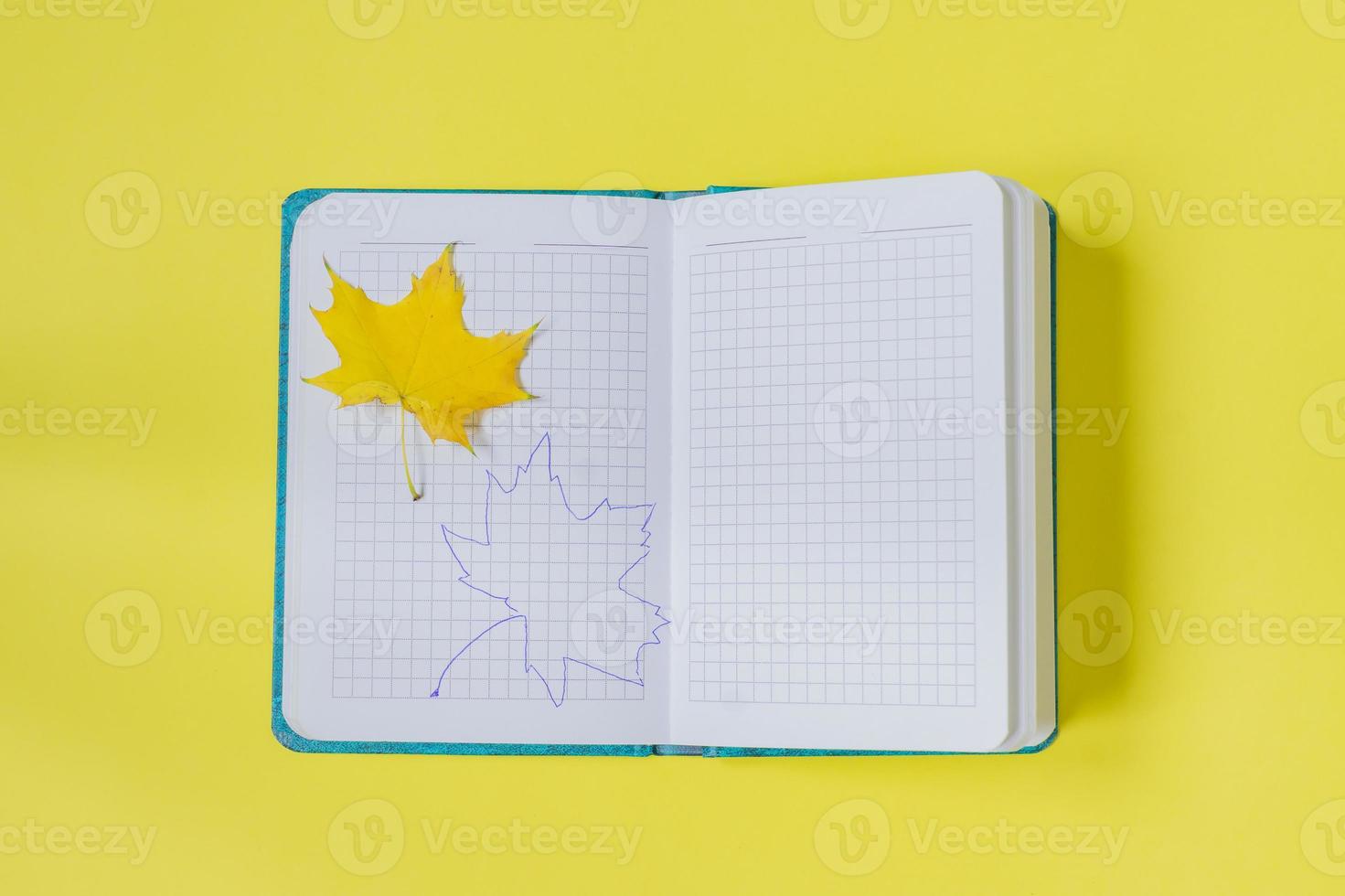 cuaderno abierto en blanco con hoja de arce y dibujo sobre fondo amarillo. diario vacío y concepto de otoño foto