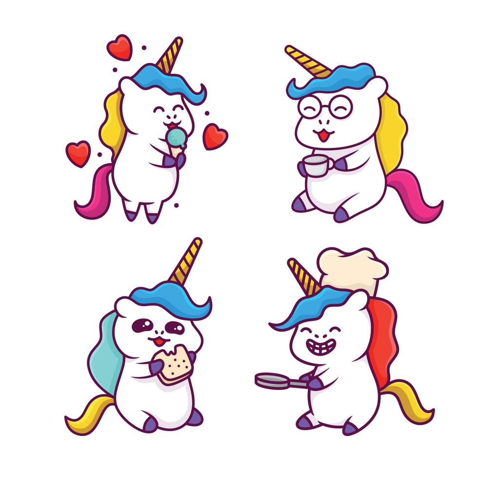 lindo unicornio comiendo ilustración de comida, unicornio kawaii. animales de fantasia vector