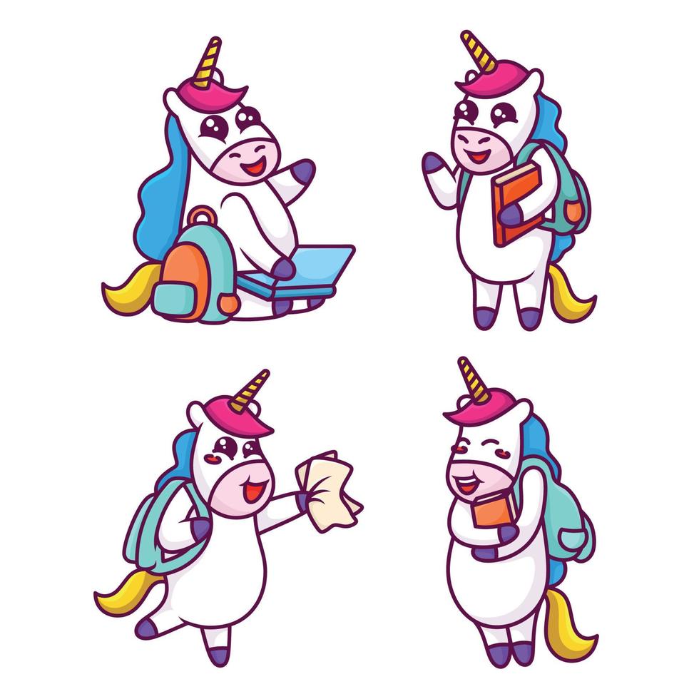 Cute unicorn learning book and school cartoon illustration, Kawaii unicorn. fantasy animal vector