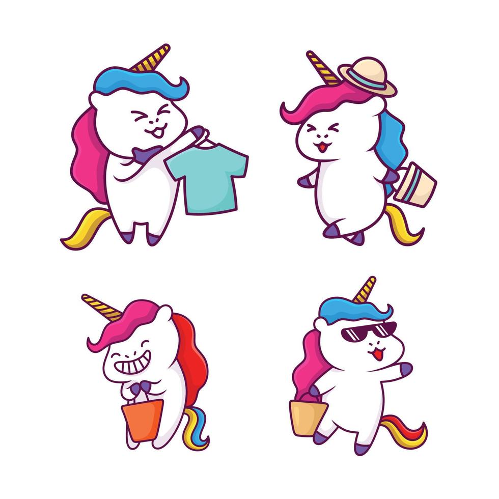 linda ilustración de dibujos animados de compras de unicornio, unicornio kawaii. animales de fantasia vector