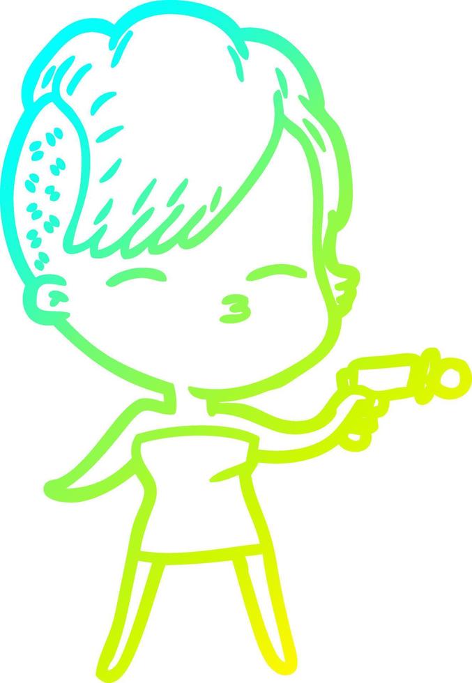 cold gradient line drawing cartoon squinting girl pointing ray gun vector