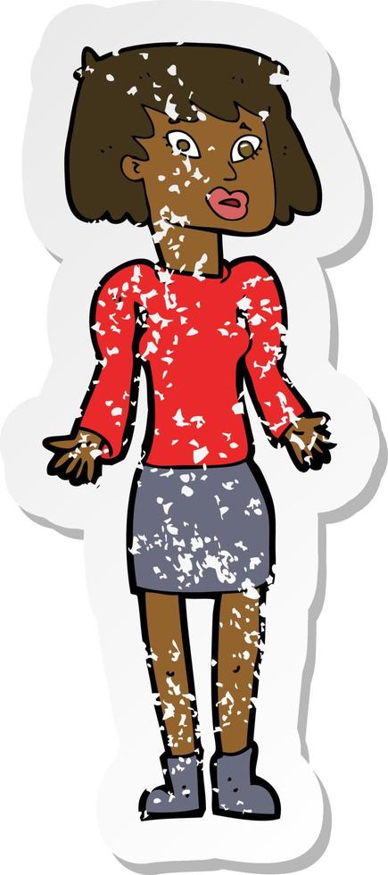 retro distressed sticker of a cartoon woman shrugging shoulders vector