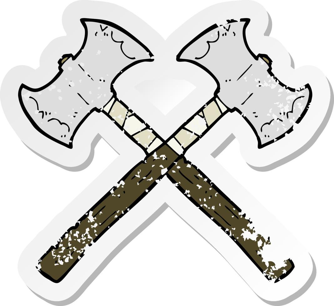 retro distressed sticker of a cartoon crossed axes vector