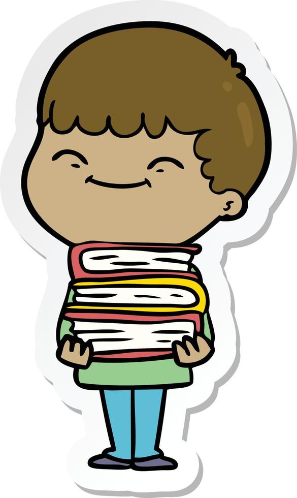 sticker of a cartoon happy boy with books vector