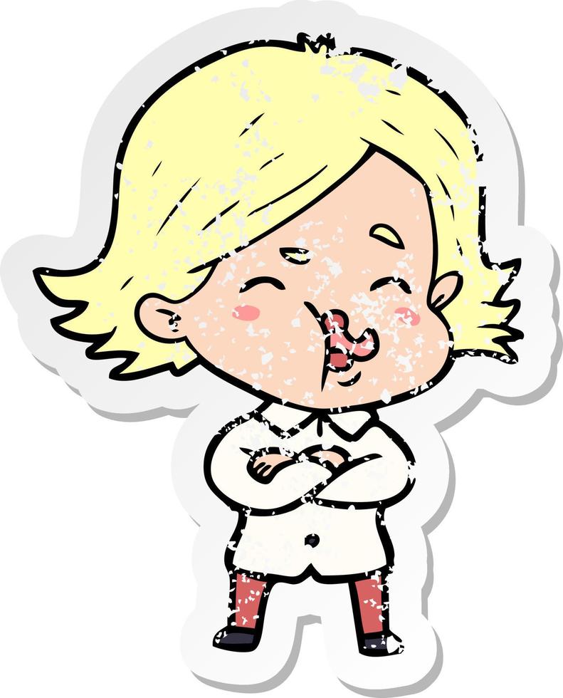 distressed sticker of a cartoon girl pulling face vector