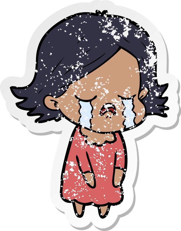 distressed sticker of a cartoon girl crying vector