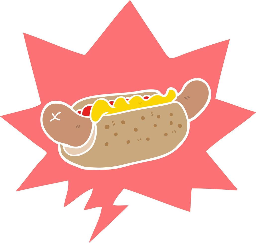 cartoon fresh tasty hot dog and speech bubble in retro style vector