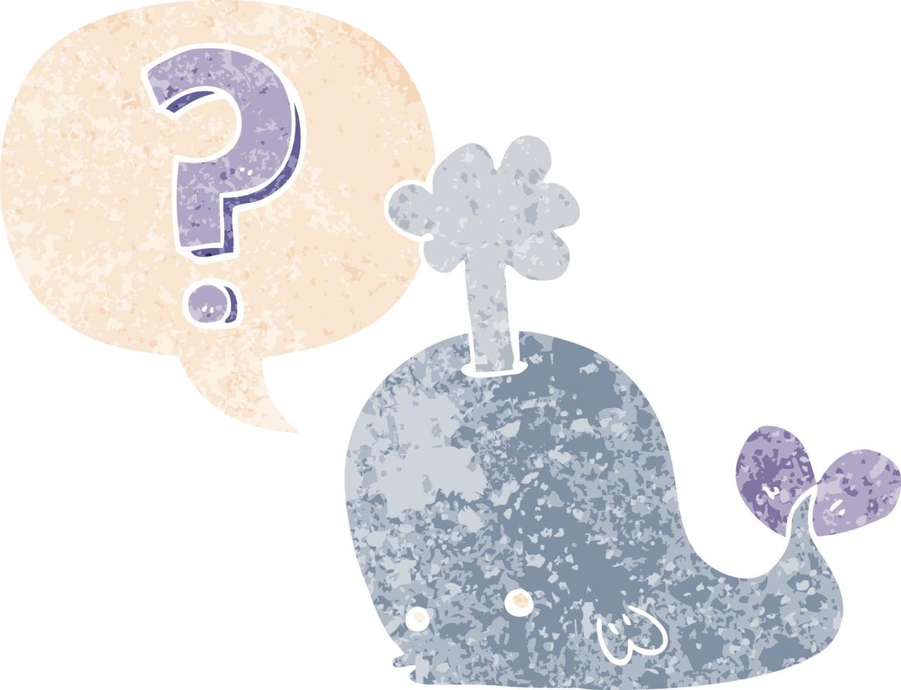cartoon curious whale and speech bubble in retro textured style vector